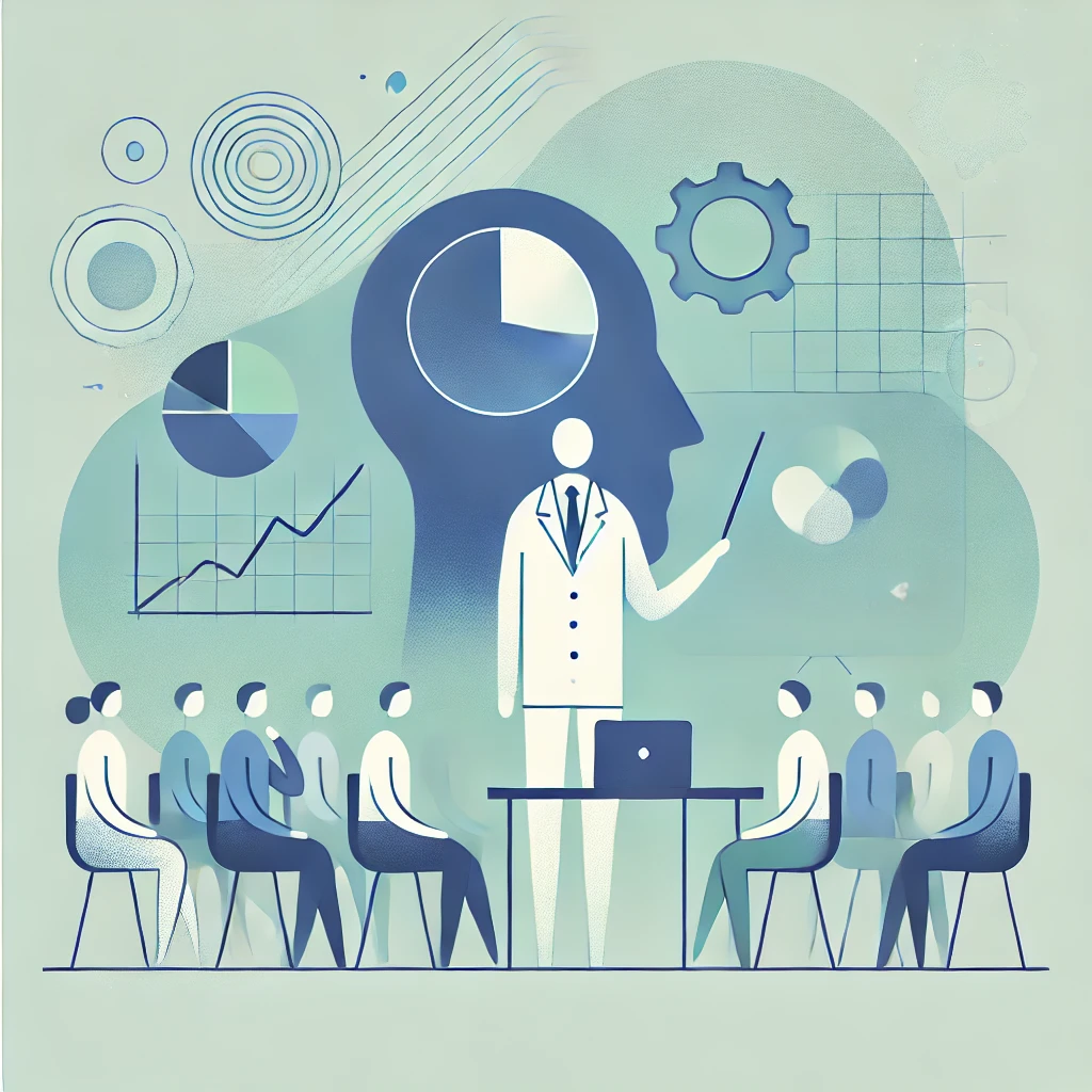 A minimalist illustration representing scientific and institutional activities in psychology. A stylized figure giving a presentation at a conference,